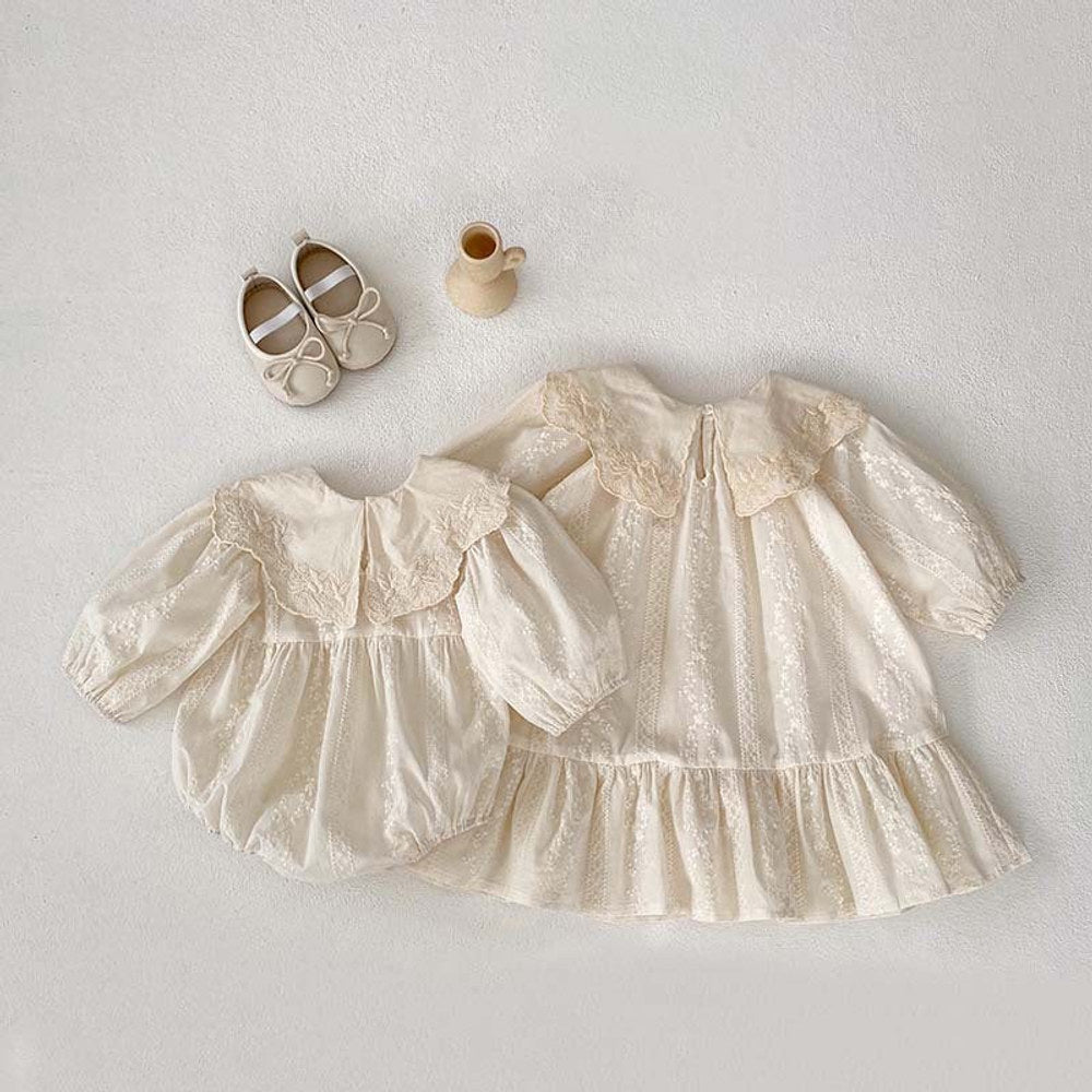 MyKids-USA® Baby Kids Girls Ruffle Collar Long Sleeves Floral Embroidery bodysuit And Dress – Princess Sister Matching Set
