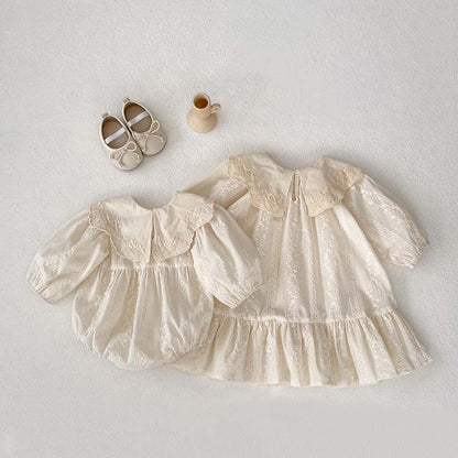 MyKids-USA® Baby Kids Girls Ruffle Collar Long Sleeves Floral Embroidery bodysuit And Dress – Princess Sister Matching Set