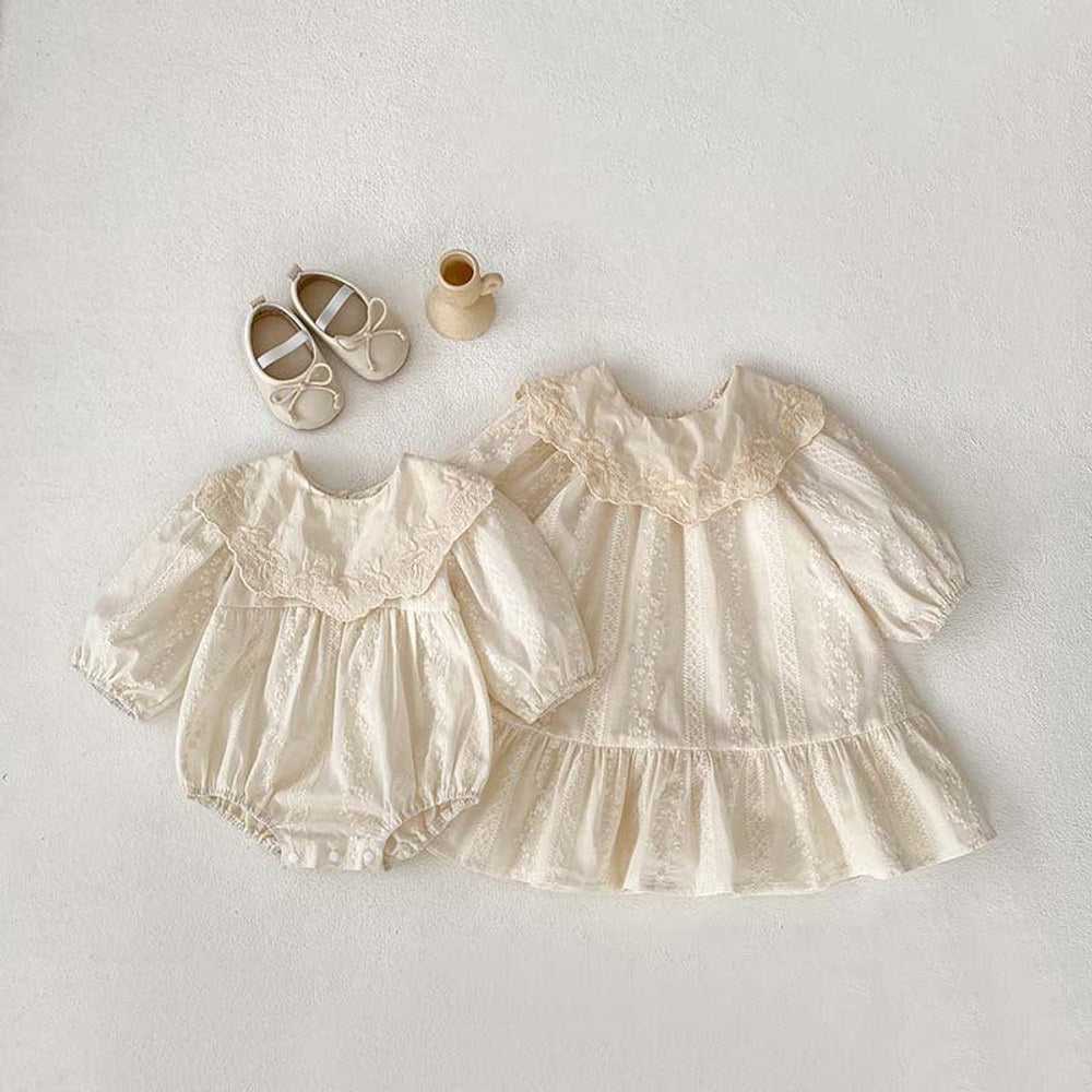 MyKids-USA® Baby Kids Girls Ruffle Collar Long Sleeves Floral Embroidery bodysuit And Dress – Princess Sister Matching Set