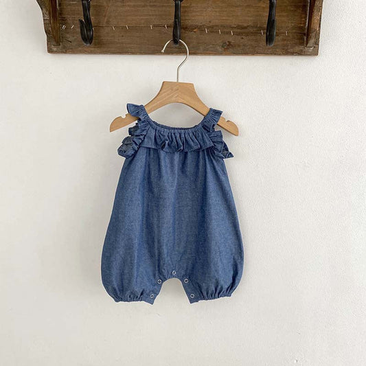 MyKids-USA® Baby Girl Solid Color Ruffle Design Denim Sleeveless Strap Bodysuit bodysuit