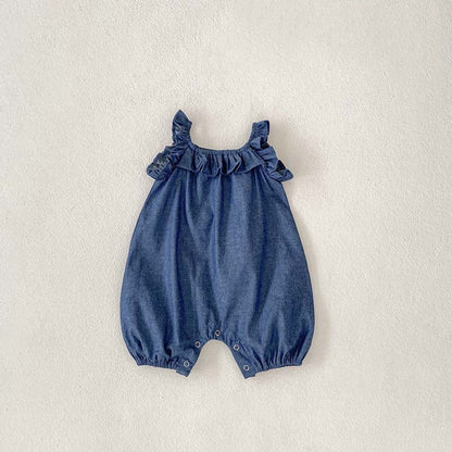 MyKids-USA® Baby Girl Solid Color Ruffle Design Denim Sleeveless Strap Bodysuit bodysuit
