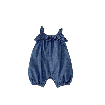 MyKids-USA® Baby Girl Solid Color Ruffle Design Denim Sleeveless Strap Bodysuit bodysuit