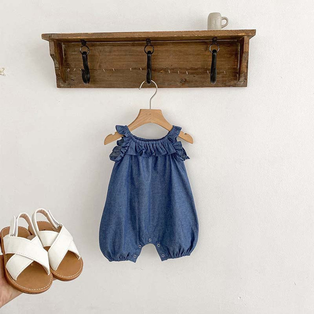 MyKids-USA® Baby Girl Solid Color Ruffle Design Denim Sleeveless Strap Bodysuit bodysuit