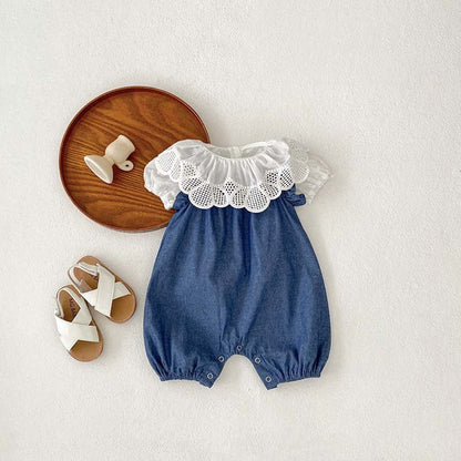 MyKids-USA® Baby Girl Solid Color Ruffle Design Denim Sleeveless Strap Bodysuit bodysuit