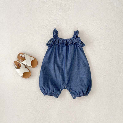 MyKids-USA® Baby Girl Solid Color Ruffle Design Denim Sleeveless Strap Bodysuit bodysuit