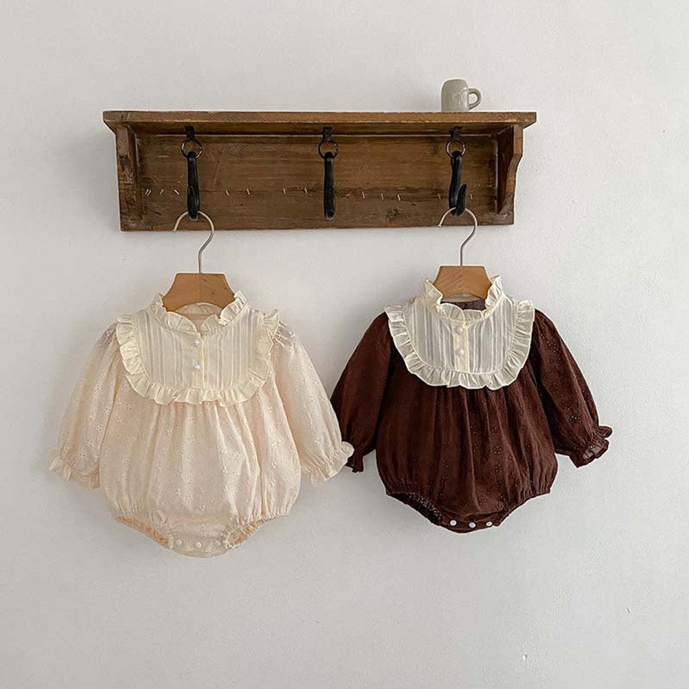 Spring/Autumn Baby Girls Simple Long Sleeves Ruffle Neck Floral Embroidery Hollow Out bodysuit