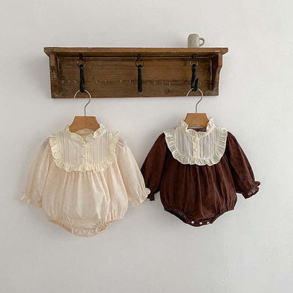 Spring/Autumn Baby Girls Simple Long Sleeves Ruffle Neck Floral Embroidery Hollow Out bodysuit