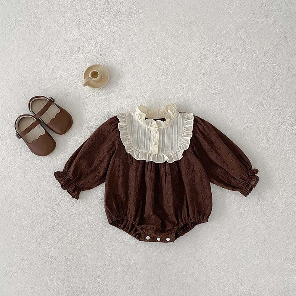 Spring/Autumn Baby Girls Simple Long Sleeves Ruffle Neck Floral Embroidery Hollow Out bodysuit