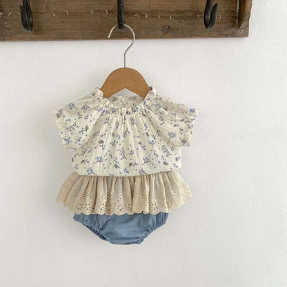 MyKids-USA® Baby Girls Short Sleeves Floral Print Top And Hollow Out Bloomers Clothing Set