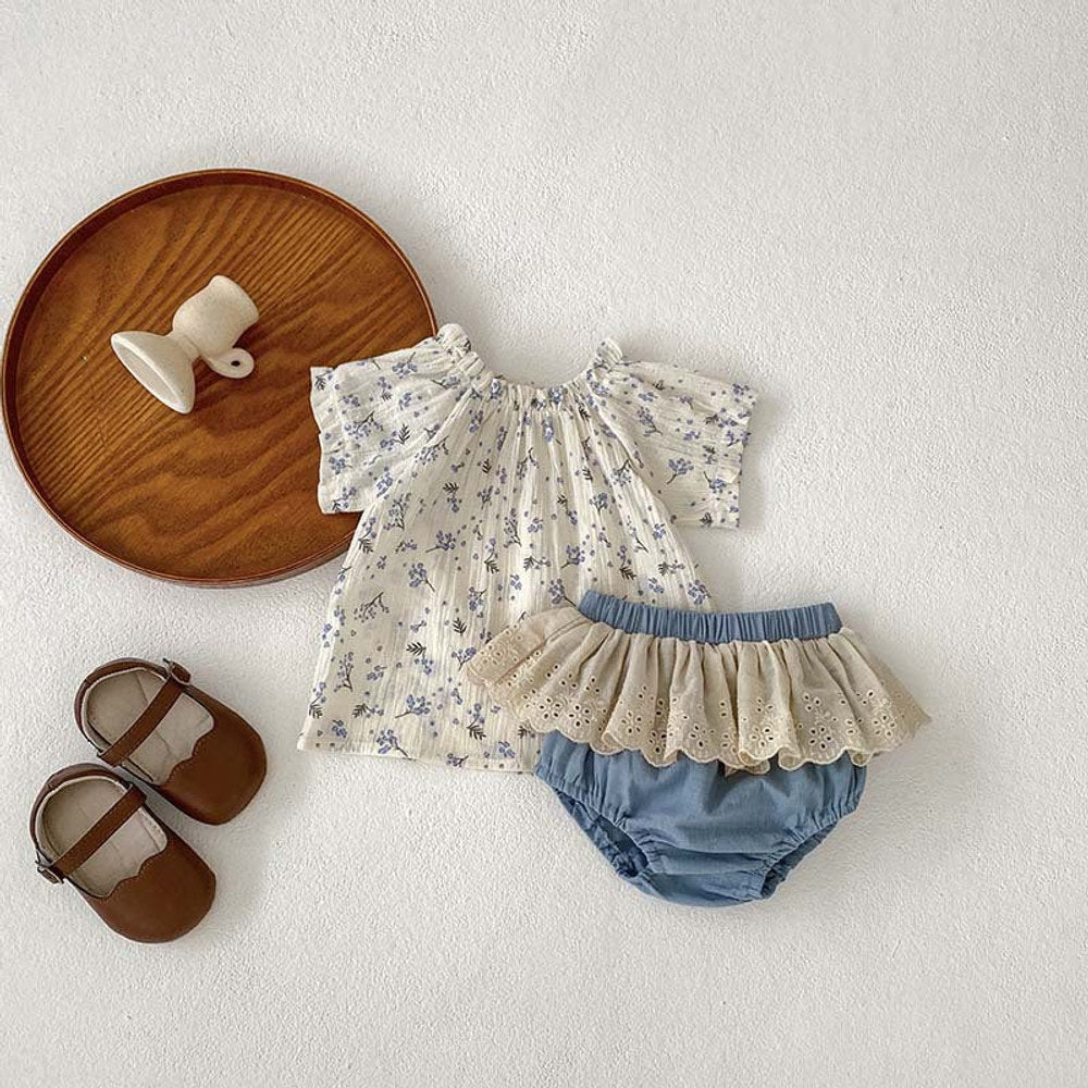 MyKids-USA® Baby Girls Short Sleeves Floral Print Top And Hollow Out Bloomers Clothing Set