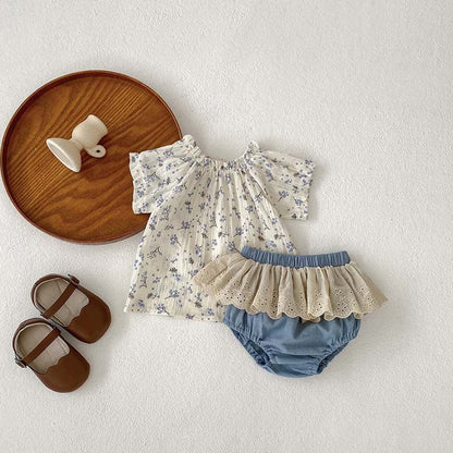 MyKids-USA® Baby Girls Short Sleeves Floral Print Top And Hollow Out Bloomers Clothing Set
