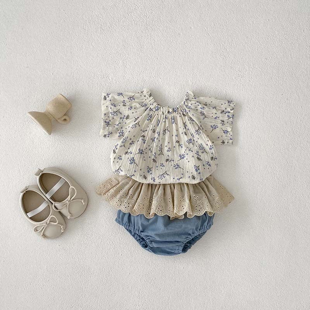 MyKids-USA® Baby Girls Short Sleeves Floral Print Top And Hollow Out Bloomers Clothing Set