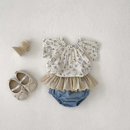 MyKids-USA® Baby Girls Short Sleeves Floral Print Top And Hollow Out Bloomers Clothing Set