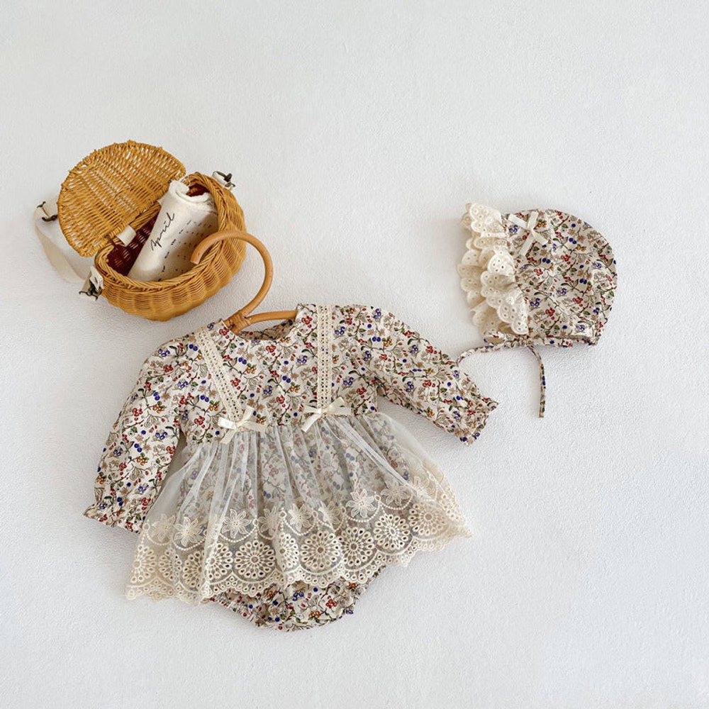 MyKids-USA® Baby Girls Floral And Fruits Print Lace Mesh Princess bodysuit Dress