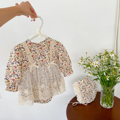MyKids-USA® Baby Girls Floral And Fruits Print Lace Mesh Princess bodysuit Dress