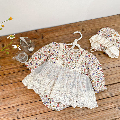 MyKids-USA® Baby Girls Floral And Fruits Print Lace Mesh Princess bodysuit Dress