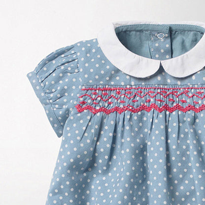 MyKids-USA® Girls Short Sleeves Rabbits Cartoon White Dots Peter Pan Collar Dress