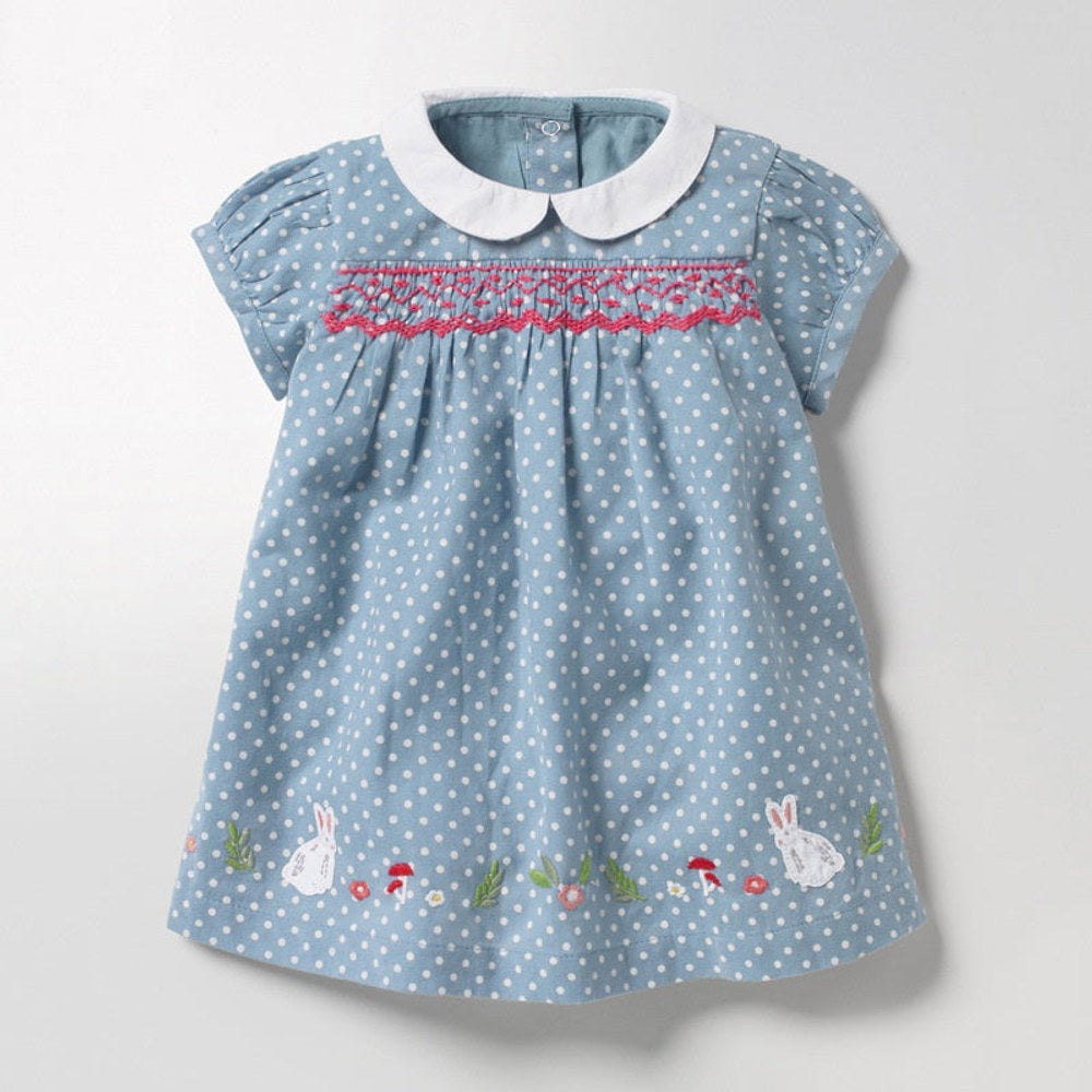 MyKids-USA® Girls Short Sleeves Rabbits Cartoon White Dots Peter Pan Collar Dress