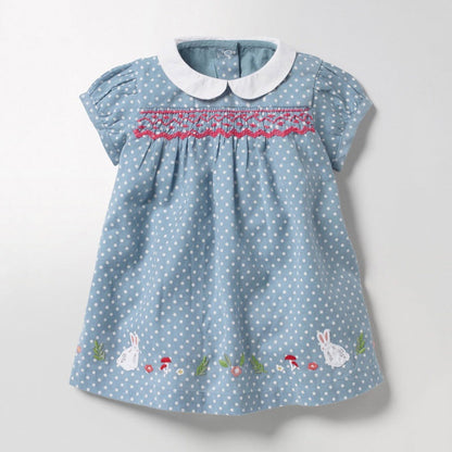 MyKids-USA® Girls Short Sleeves Rabbits Cartoon White Dots Peter Pan Collar Dress