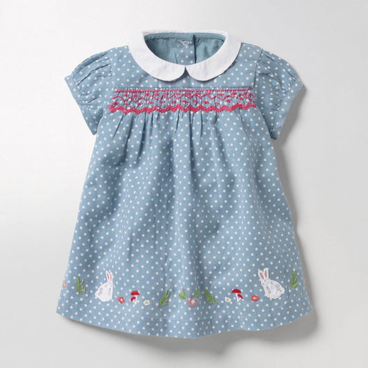 MyKids-USA® Summer Arrival Girls Short Sleeves Rabbits Cartoon White Dots Peter Pan Collar Dress