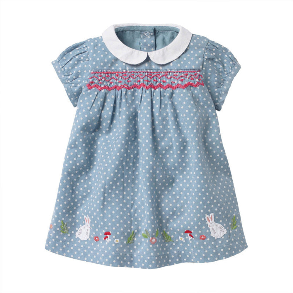 MyKids-USA® Girls Short Sleeves Rabbits Cartoon White Dots Peter Pan Collar Dress