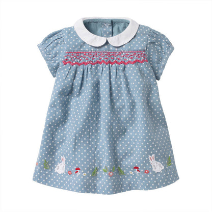 MyKids-USA® Girls Short Sleeves Rabbits Cartoon White Dots Peter Pan Collar Dress