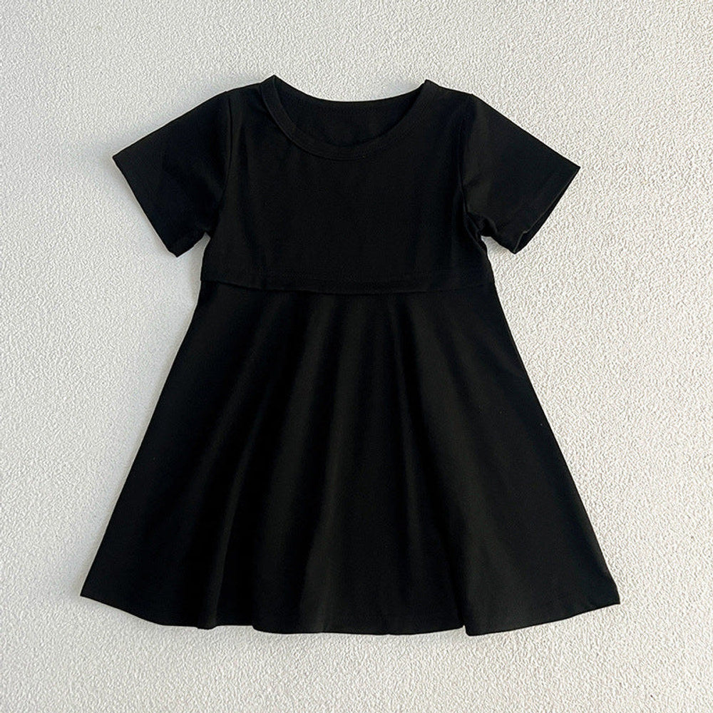 Summer Hot Selling Girls’ Solid Color Black Short Sleeves Slim Fit Dress