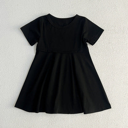 Summer Hot Selling Girls’ Solid Color Black Short Sleeves Slim Fit Dress