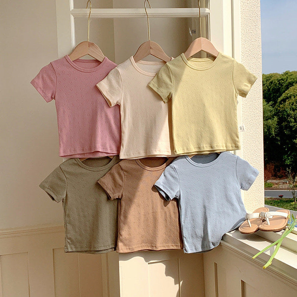 MyKids-USA® Design Kids Unisex Crew Neck Short Sleeves Solid Color Heart-Shaped Hollow Out Top
