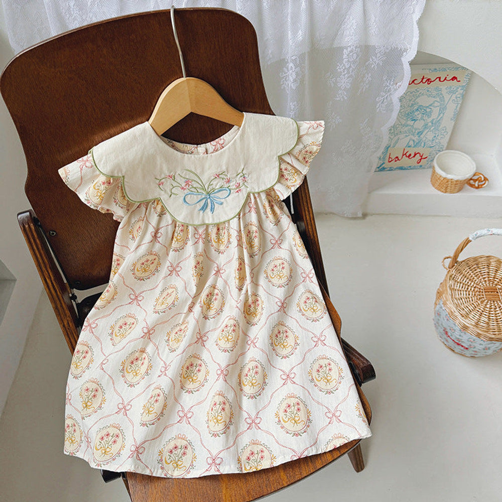 MyKids-USA® Design Kids Girls Vintage Floral Print And Embroidery Fly Sleeves Dress