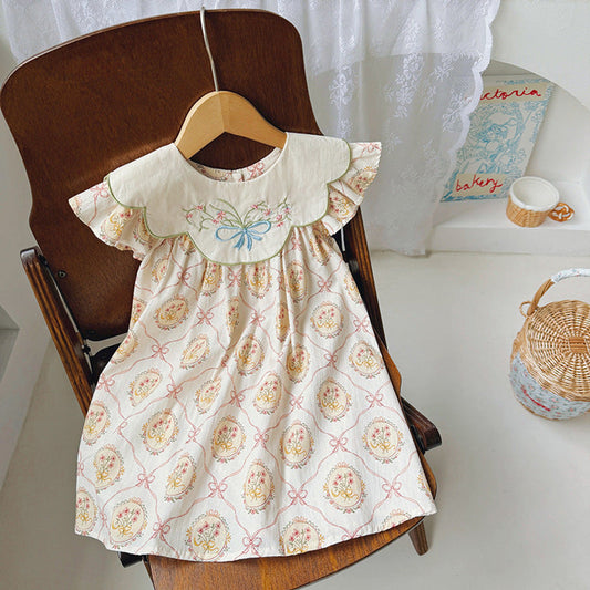 MyKids-USA® Design Summer Kids Girls Vintage Floral Print And Embroidery Fly Sleeves Dress