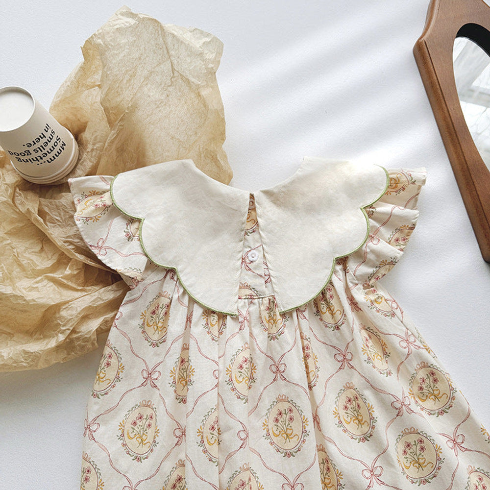 MyKids-USA® Design Kids Girls Vintage Floral Print And Embroidery Fly Sleeves Dress