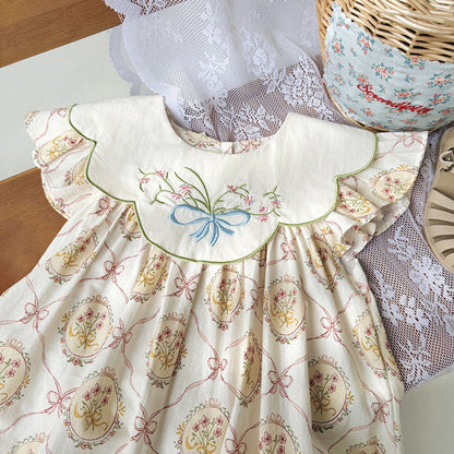 MyKids-USA® Design Kids Girls Vintage Floral Print And Embroidery Fly Sleeves Dress