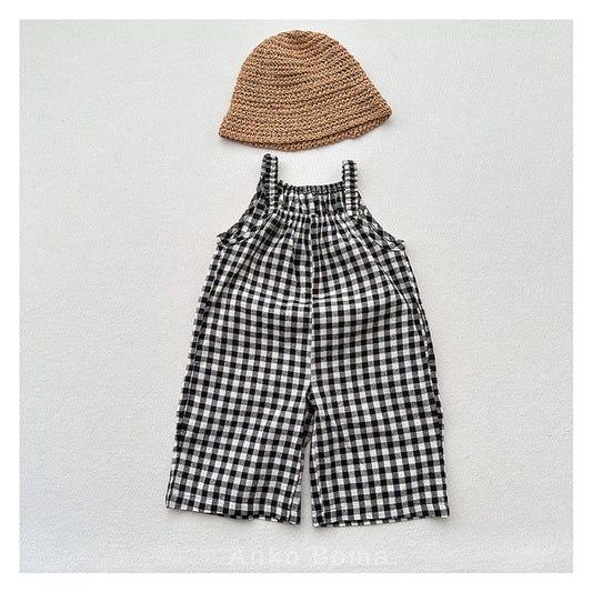 Baby Girl Plaid Pattern Sleeveless Strap Rompers In