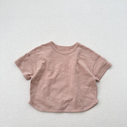 MyKids-USA® Kids Unisex Crew Neck Short Sleeves Thin Solid Color Loose Top Base T-Shirt