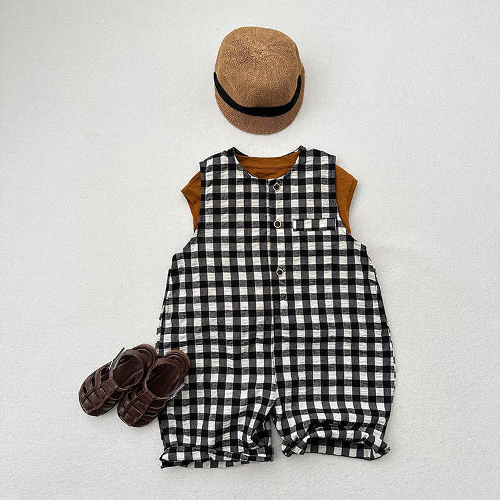 MyKids-USA® Arrival Summer Baby Kids Unisex Black Plaid Sleeveless Single Breasted Cotton Romper