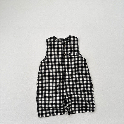 MyKids-USA® Arrival Summer Baby Kids Unisex Black Plaid Sleeveless Single Breasted Cotton Romper