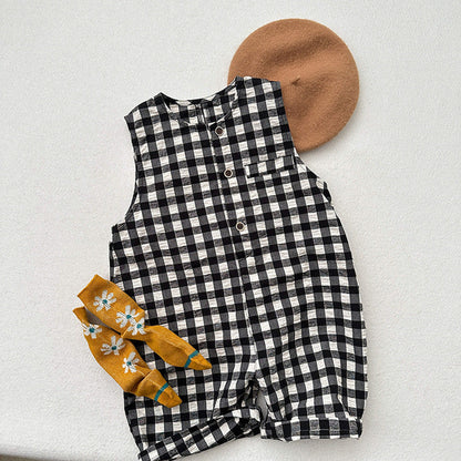 MyKids-USA® Arrival Summer Baby Kids Unisex Black Plaid Sleeveless Single Breasted Cotton Romper