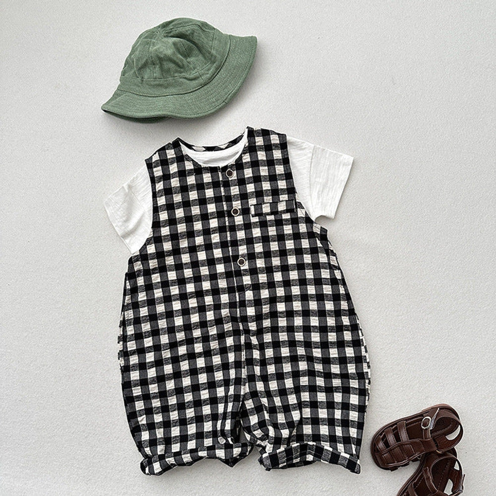 MyKids-USA® Arrival Summer Baby Kids Unisex Black Plaid Sleeveless Single Breasted Cotton Romper
