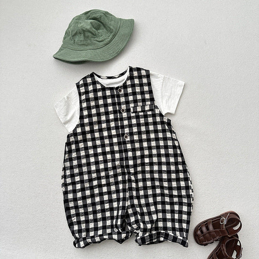 MyKids-USA® Arrival Summer Baby Kids Unisex Black Plaid Sleeveless Single Breasted Cotton Romper