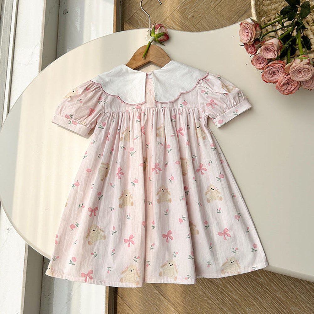 MyKids-USA® Summer Baby Kids Girls Short Sleeves Floral Teddy Print Embroidery Collar Princess Dress
