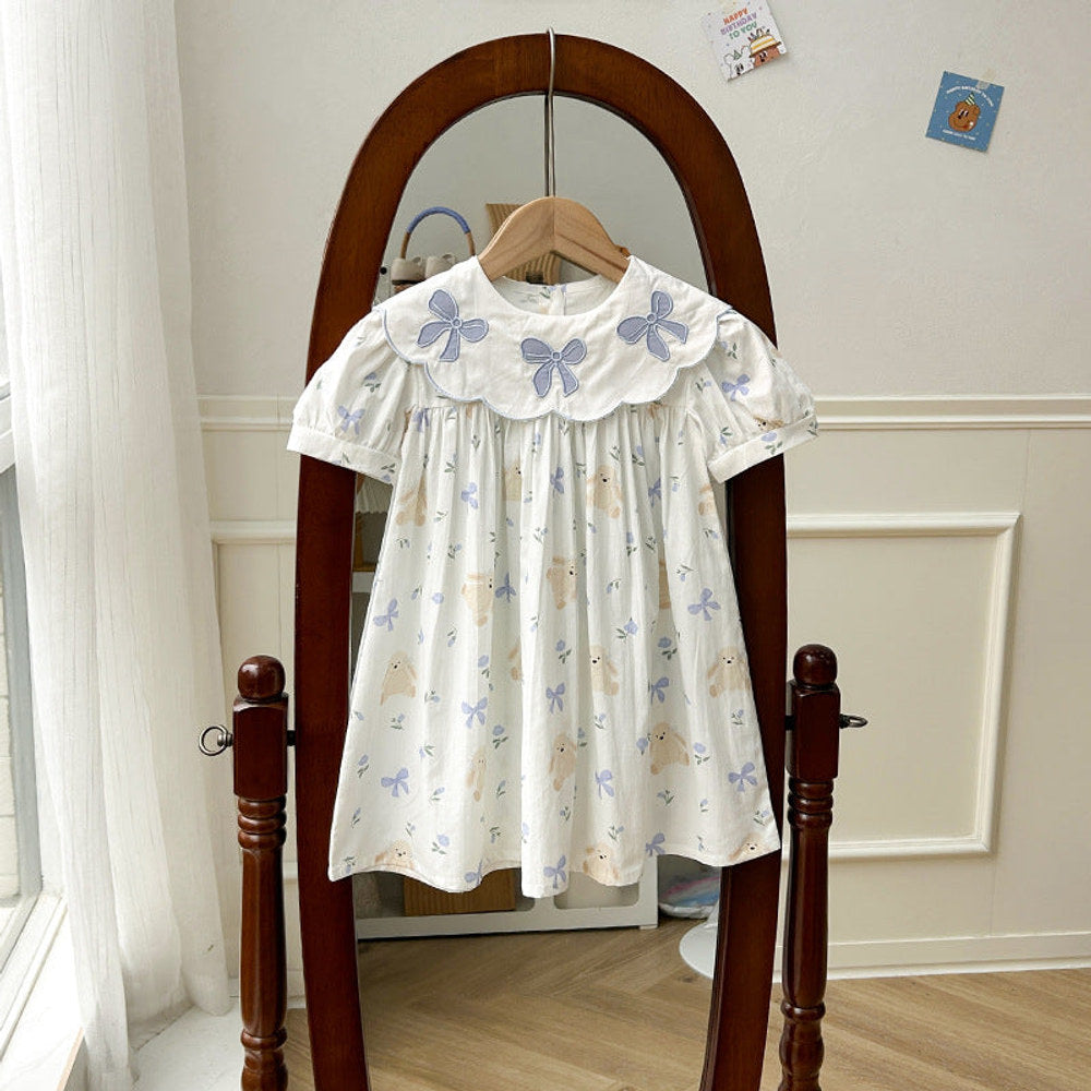 MyKids-USA® Summer Baby Kids Girls Short Sleeves Floral Teddy Print Embroidery Collar Princess Dress