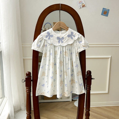 MyKids-USA® Summer Baby Kids Girls Short Sleeves Floral Teddy Print Embroidery Collar Princess Dress