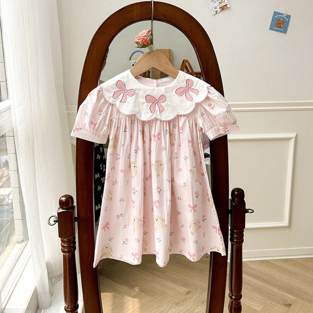 MyKids-USA® Summer Baby Kids Girls Short Sleeves Floral Teddy Print Embroidery Collar Princess Dress