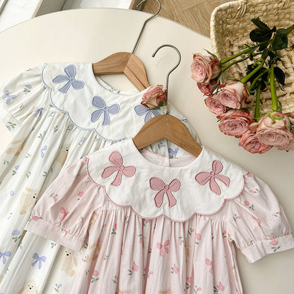MyKids-USA® Summer Baby Kids Girls Short Sleeves Floral Teddy Print Embroidery Collar Princess Dress