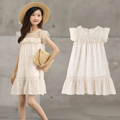 MyKids-USA® Kids Girls Mesh Patchwork Short Sleeves Floral Print Dress