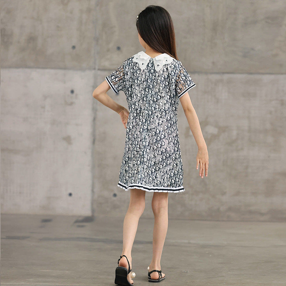 MyKids-USA® Design Kids Girls Abstract Letters Print Fashion Short Sleeves Hollow Out Collar Dress