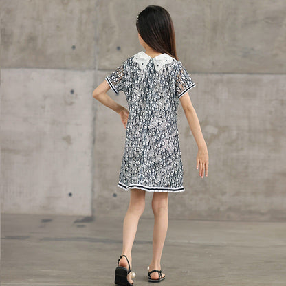 MyKids-USA® Design Kids Girls Abstract Letters Print Fashion Short Sleeves Hollow Out Collar Dress