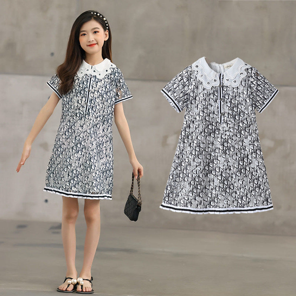 MyKids-USA® Design Kids Girls Abstract Letters Print Fashion Short Sleeves Hollow Out Collar Dress