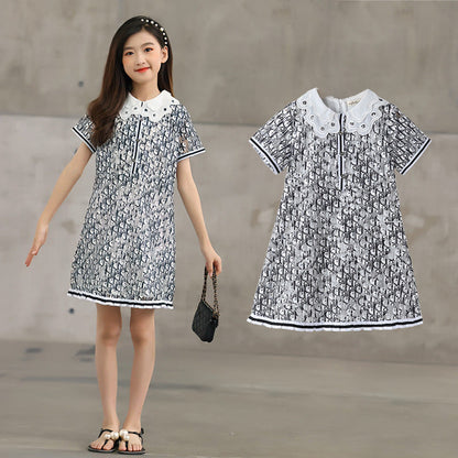 MyKids-USA® Design Kids Girls Abstract Letters Print Fashion Short Sleeves Hollow Out Collar Dress